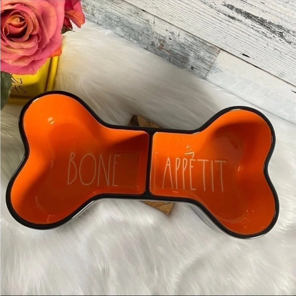 Rae Dunn BONE APPETIT 2 Sided Dog Pet Halloween Fall Bowl